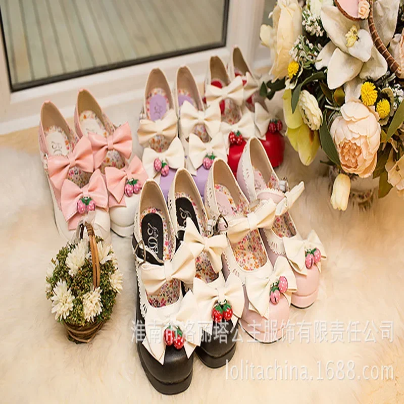 New Spring And Autumn Lolita Thick Heel High Heel Doll Shoes Strawberry Bell Sweet Shoes,cosplay Professional Shoes