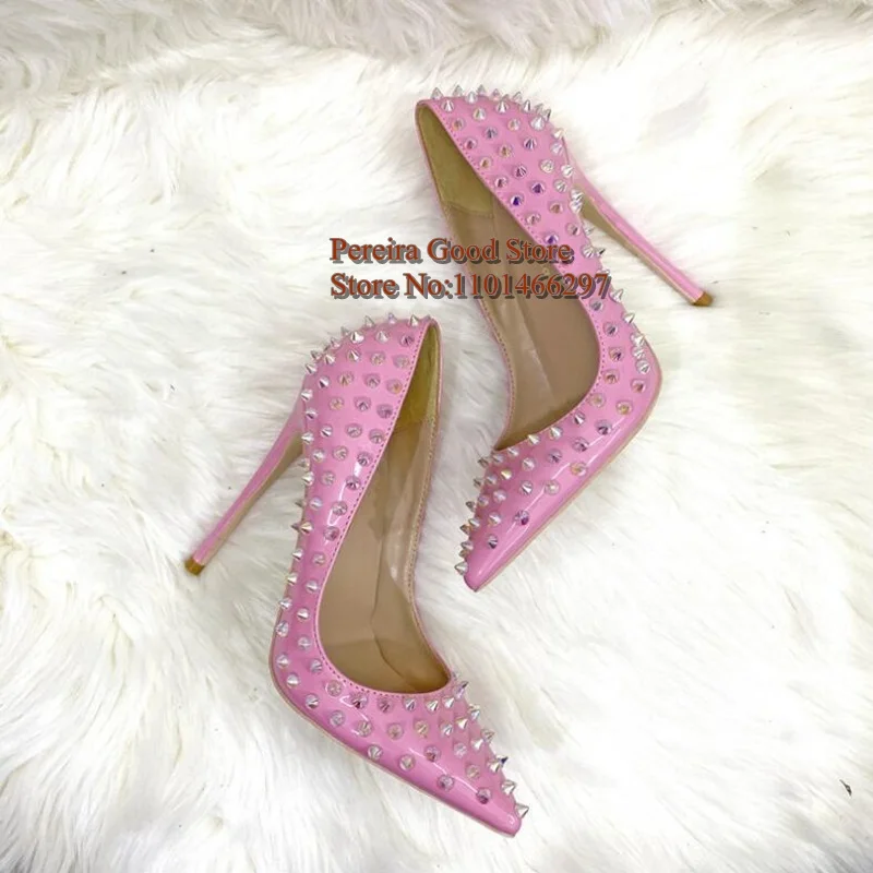 

Full Spikes Pink Shoes Sexy Pointy toe Slip On Shallow Rivets Patent Leather Stiletto High Heels Pumps Shoes Drop Shipping