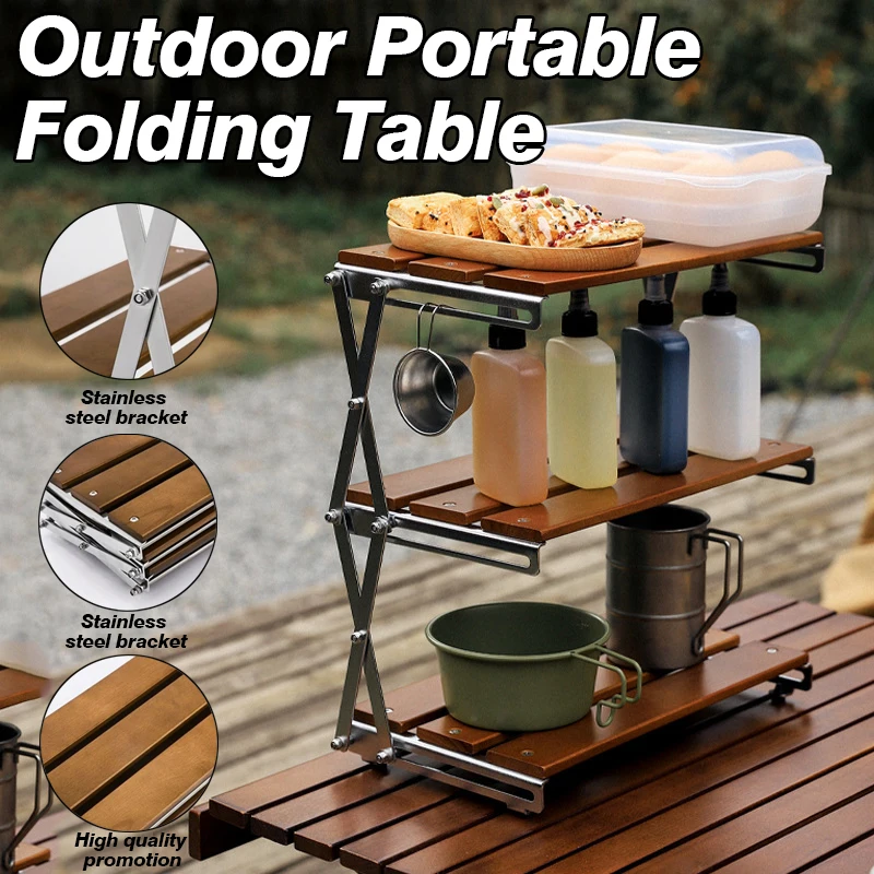 

Wooden Three-tier Rack Folding Camping Table pliante Shelf Outdoor Protable Coffee tables Rack Foldable Storage rack For Picnic