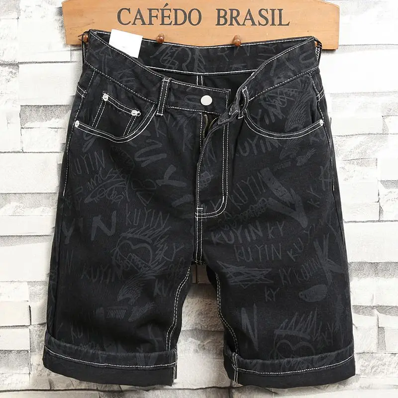 

Luxury Fashion Black Streetwear Casual Cool and Stylish Men's Denim Shorts for Summer with Print Design High Street Short Jeans