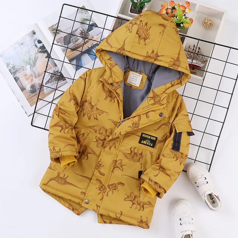 Autumn Winter Jacket For Boy Cartoon Dinosaur Hooded Plus Velvet Thicken Warm Boy Outerwear Coat 4-14 Year Kids Teenager Parka