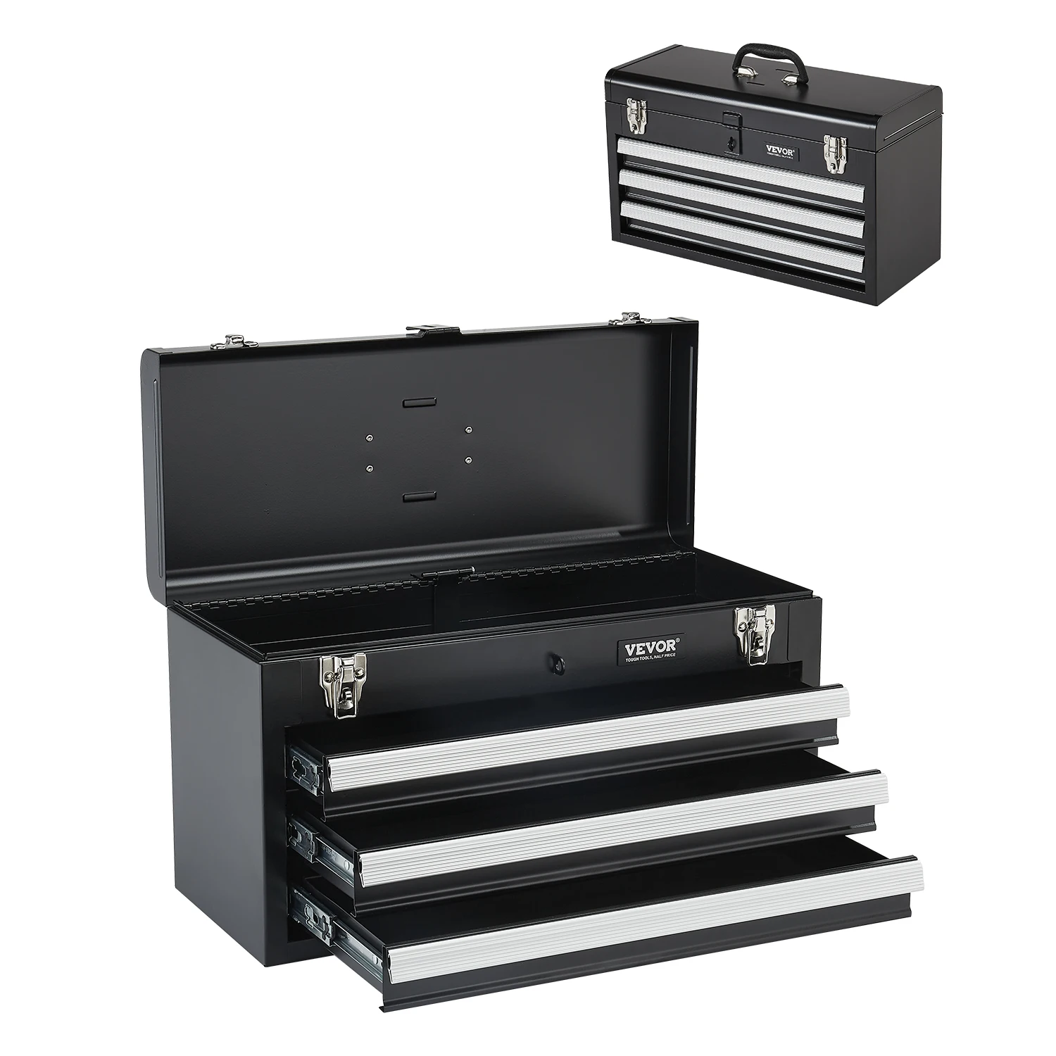 SucceBuy 20 inch metalen gereedschapskist met 3 laden zwart/rood gereedschapskist met EVA-voeringen multifunctionele gereedschapsorganizer voor garage en werkplaats - afbeelding 2
