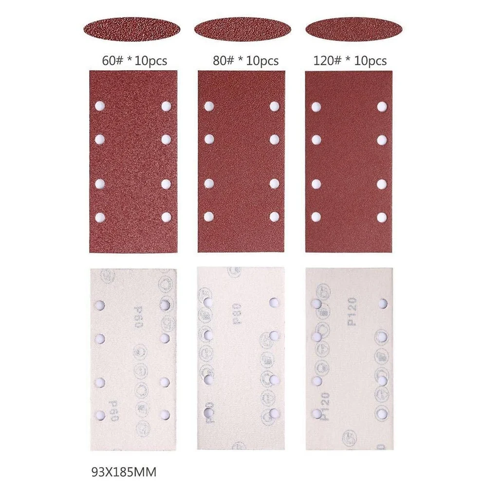 Feuilles de papier abrasif carrées pour ponceuse, outils de polissage du bois, disque à boucle à crochet, 30 pièces, 95x185mm