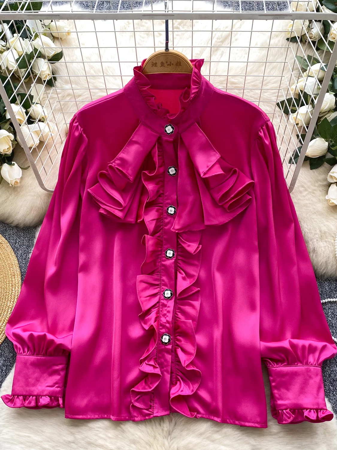 

2026 New Autumn Women French Style Stand Collar Long Sleeve Shirt Edible Tree Fungus Splicing Single Breasted Satin Shirt Tops
