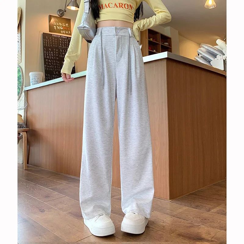 2025 Dame Hohe Taille Klassische Graue Hose Heißer Verkauf Frauen Solide Lose Fit Hosen Mädchen Bequeme Gerade Bein Hosen