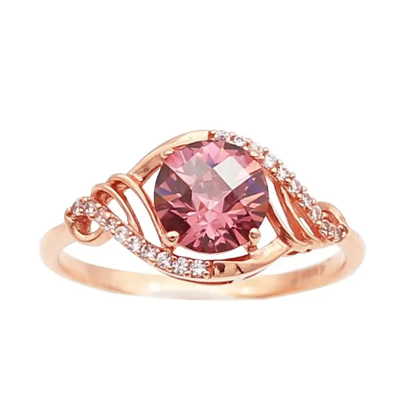 Anéis de casamento em cristal oliva para casais, openwork design, joias de luxo requintadas, ouro rosa, pedras preciosas rosa, 585 roxo, 14k