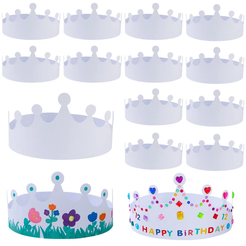 

100 шт. бумажных шляпок «С Днем Рождения», белые, без рисунка, для детского праздника, украшение для коронации, корона для принца/принцессы