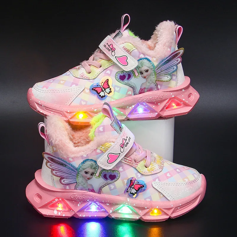 Kids LED Sport Shoes Disney Frozen Elsa Running Shoes Fashion Children Tennis Shoes Girls Luminous Casual Sneakers Basket Shoes