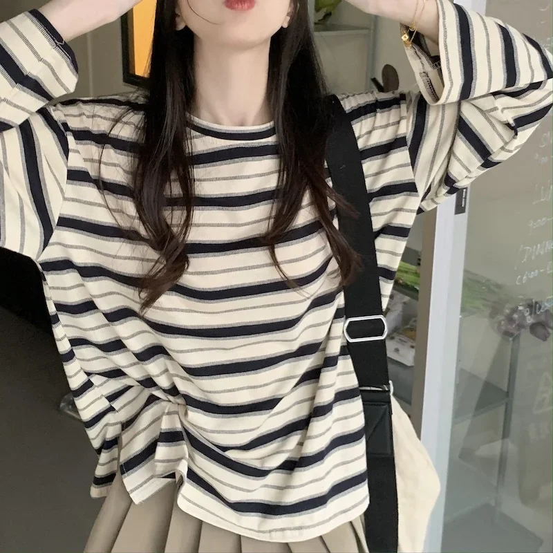 Spring Autumn Women T-shirts harajuku stripe Long Sleeve Preppy Style O Neck Fashion Casual oversized Stripe y2k Tops streetwear