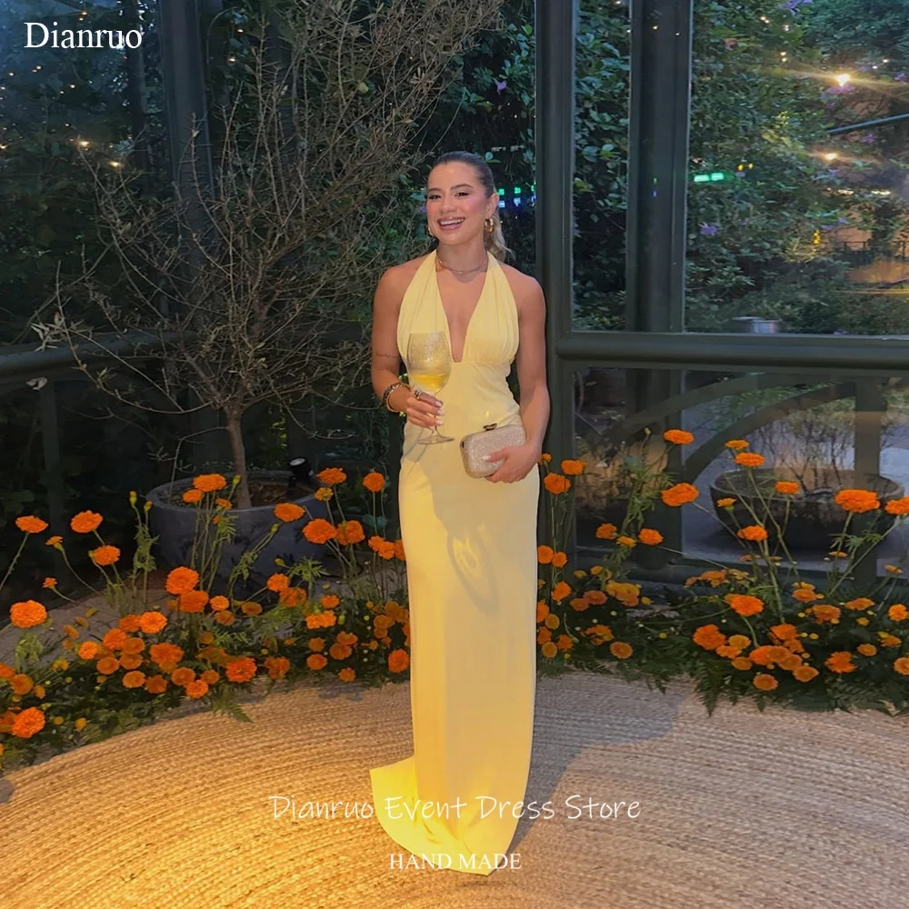 

Dianruo Sexy Halter Neck Evening Dresses Backless Satin Floor Length Robe De Soirée Femme Yellow Robes De Soirée Customized