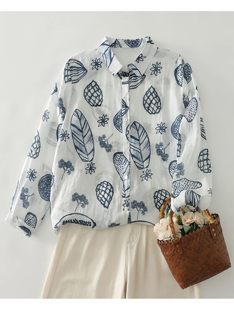 

Spring Autumn Printed Cotton Hemp Long Sleeve Shirt Women New Thin Breathable Artistic Blouse Large Loose Casual Shirt Top S102