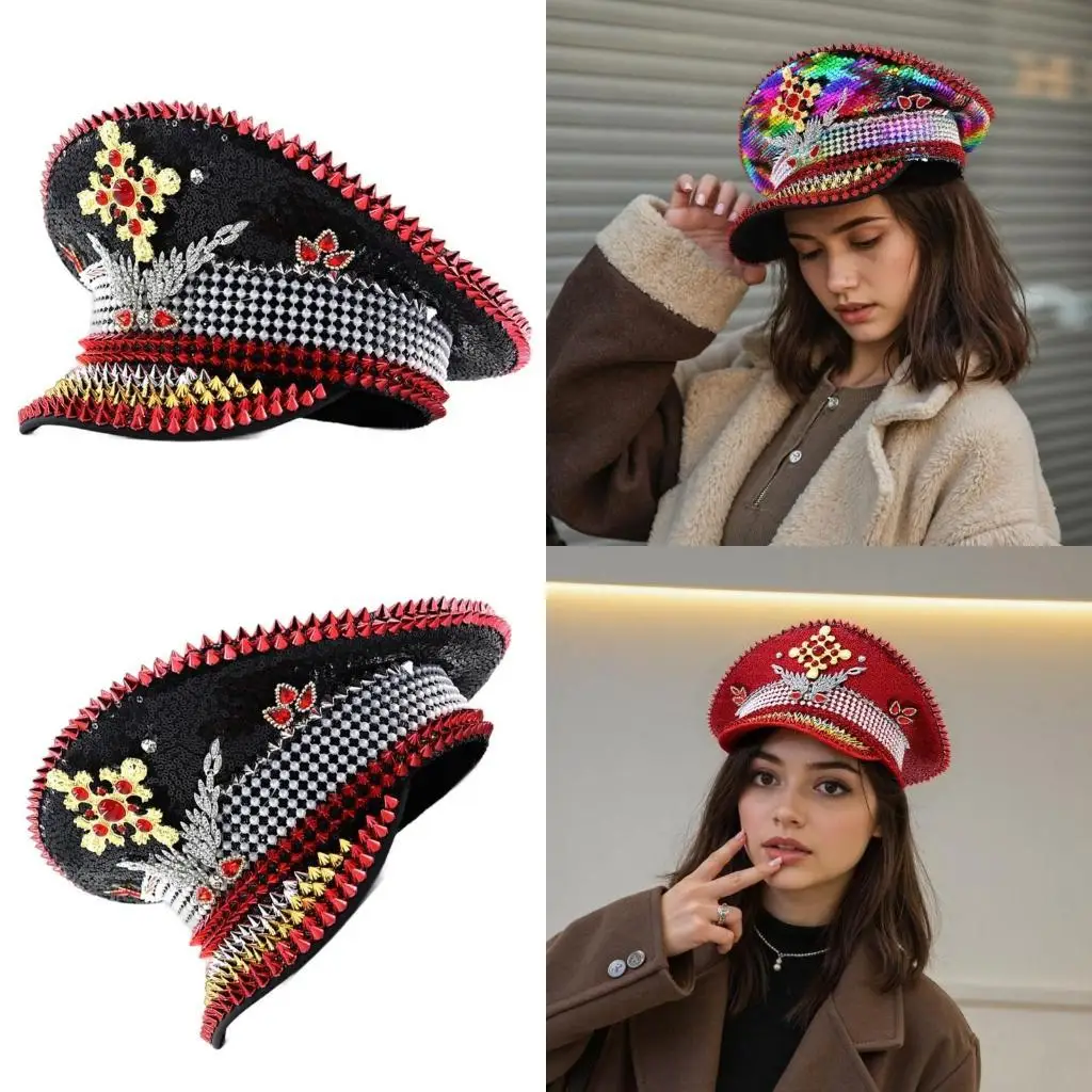

31BB Trendy Gemstones Embellished Sailors Hat Stylish Casual Hat Outdoor Unique Hat