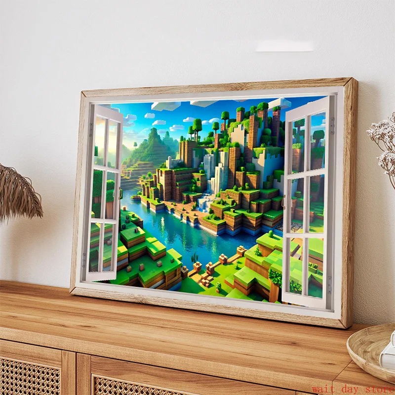Block Pixel Video Game Landscape 3D Window Effect Poster Canvas Painting Print for Living Room Gaming Home Decor Cuadros