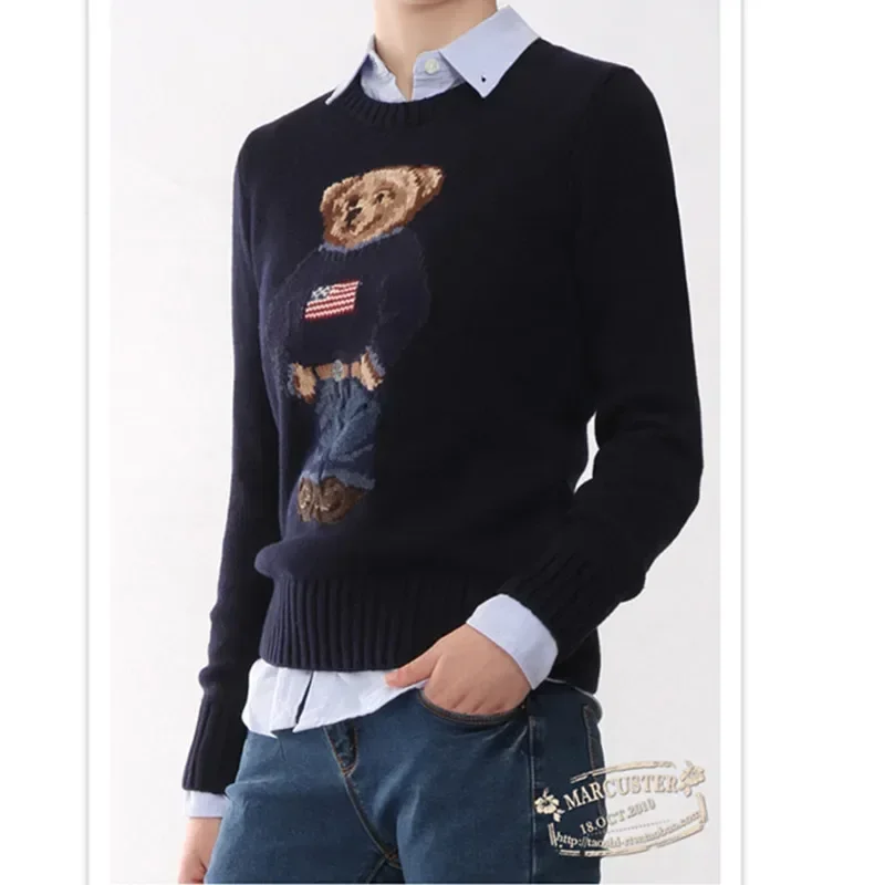 

2024 New Women's Knitted Sweater RL O-neck Pullovers Women Cotton Embroidery Bear High Quality Tops Fashion Sweaters