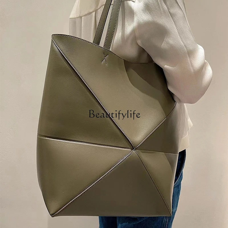 High-Grade Geometric Bag Folding Bag Leather One-Shoulder Portable