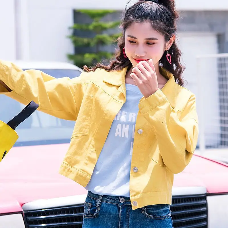 Blue Outerwears Crop Short Green Female Jeans Coat Small Plain Women's Denim Jackets 2024 Fashion Demi-season Models Streetwear