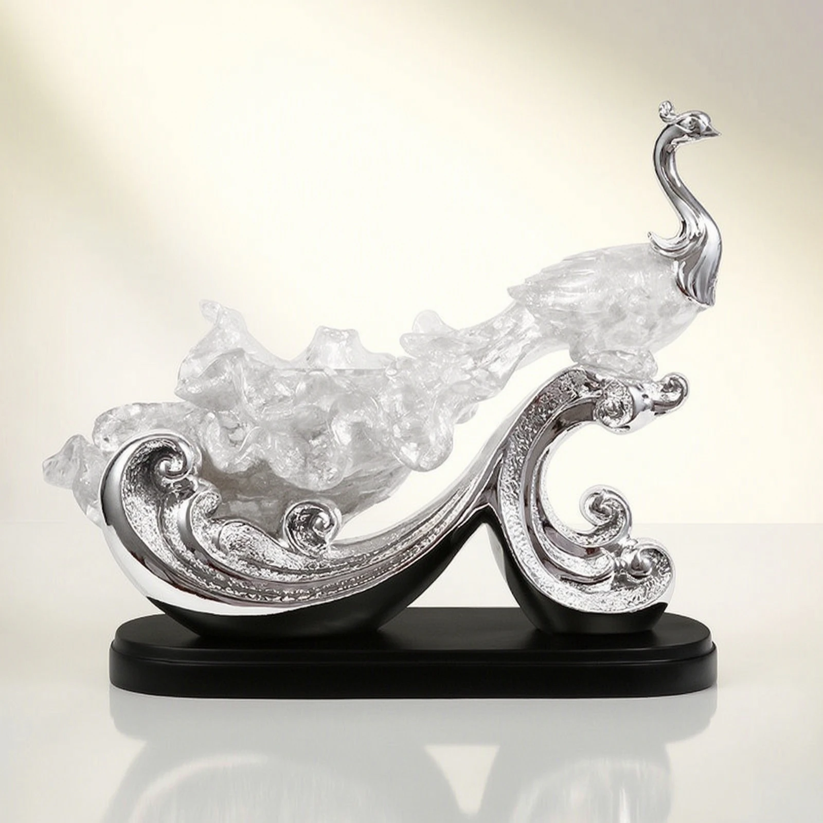 Peacock Figurine Translucent Sculpture with Base Phoenix Statue Lustrous-Look Peacock Statue Horizontal for Homeowners - view 4