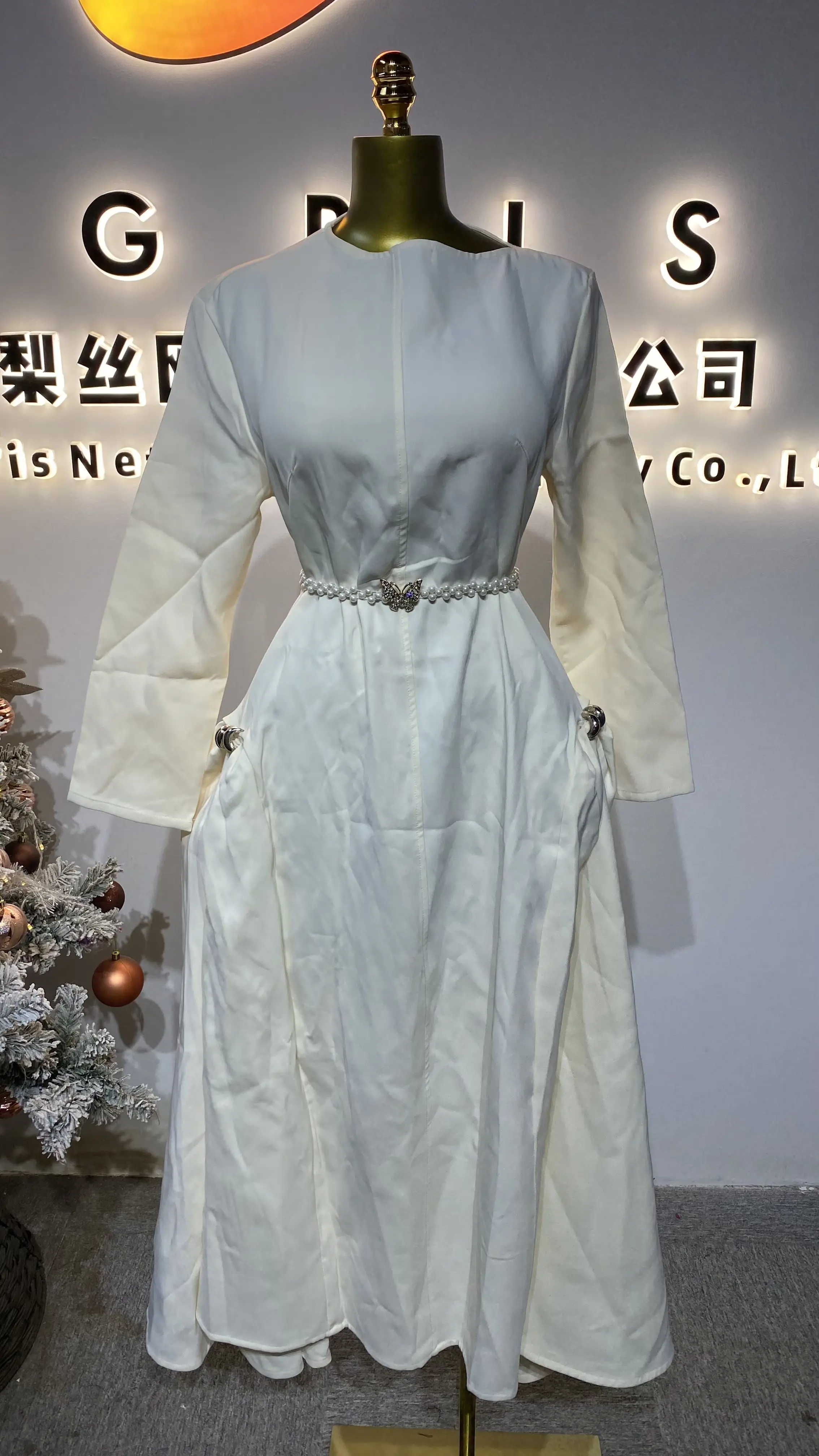 

Women's sexy dress with tie waist slimming long sleeves, fashionable tight waist belt, retro dress-GZXX250