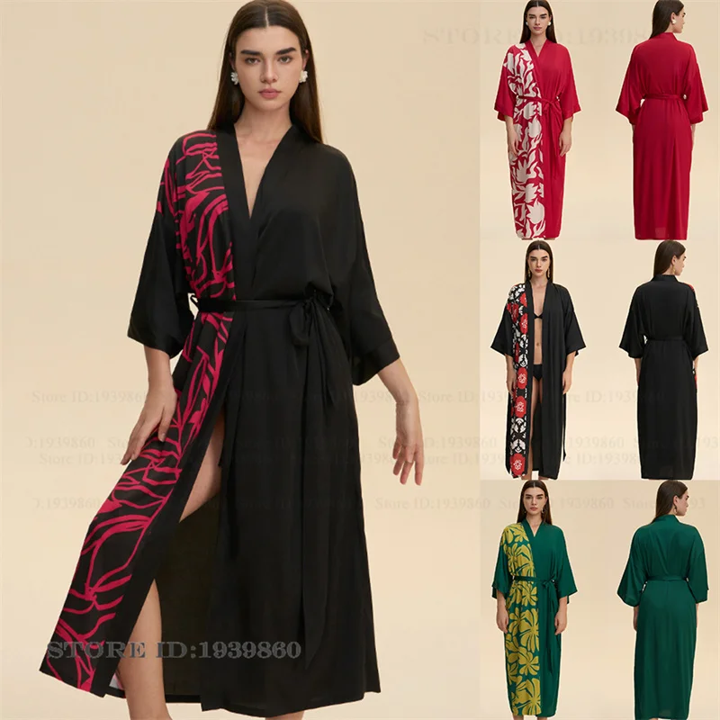 

Женский длинный халат большого размера, ночная рубашка, шелковистая атласная одежда для сна, домашнее платье, сексуальное кимоно с цветочным принтом, халат, свободная одежда для отдыха