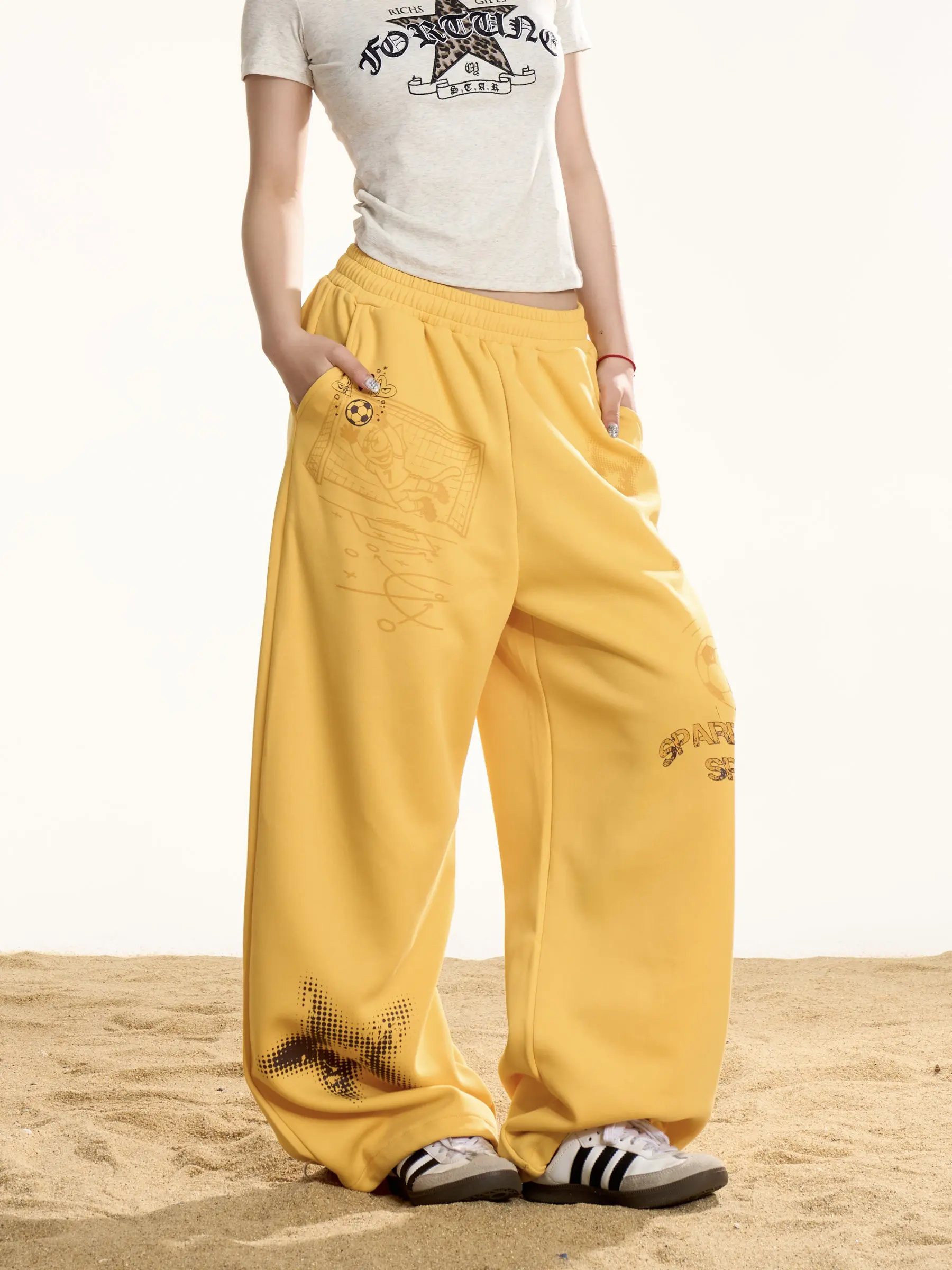 

American Style Wide Leg Pants Women's Loose Fit Yellow Print Casual Trousers Drawstring Lazy Slimming Versatile Long Pants