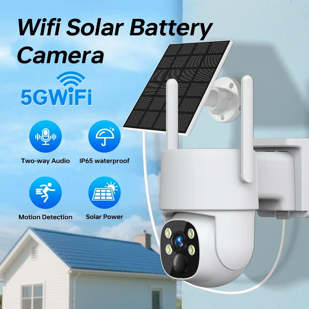 

5GWIFI Solar Camera 4MP PIR Color Night Vision Two-Way Voice IP65 Waterproof Security IP Camera Battery CCTV Monitor
