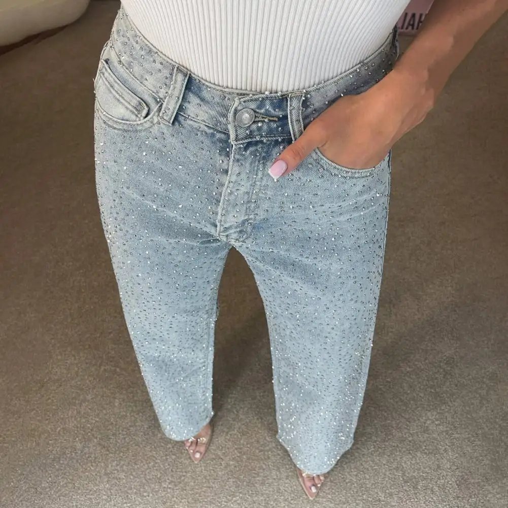High Waist Straight-leg Jeans High Waist Faux Pearl Jeans for Women Straight Leg Stretch Denim Pants Wide Leg Beaded Baggy