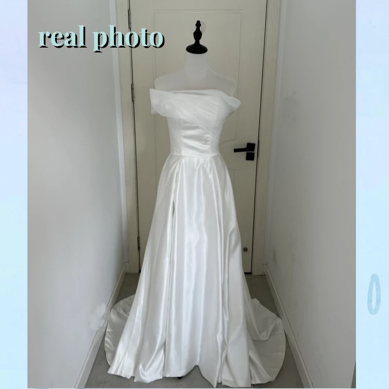 Fora do ombro vestidos de casamento elegante novo vestido de noiva de cetim com trem pequeno simples uma linha longo vestido plus size personalizado