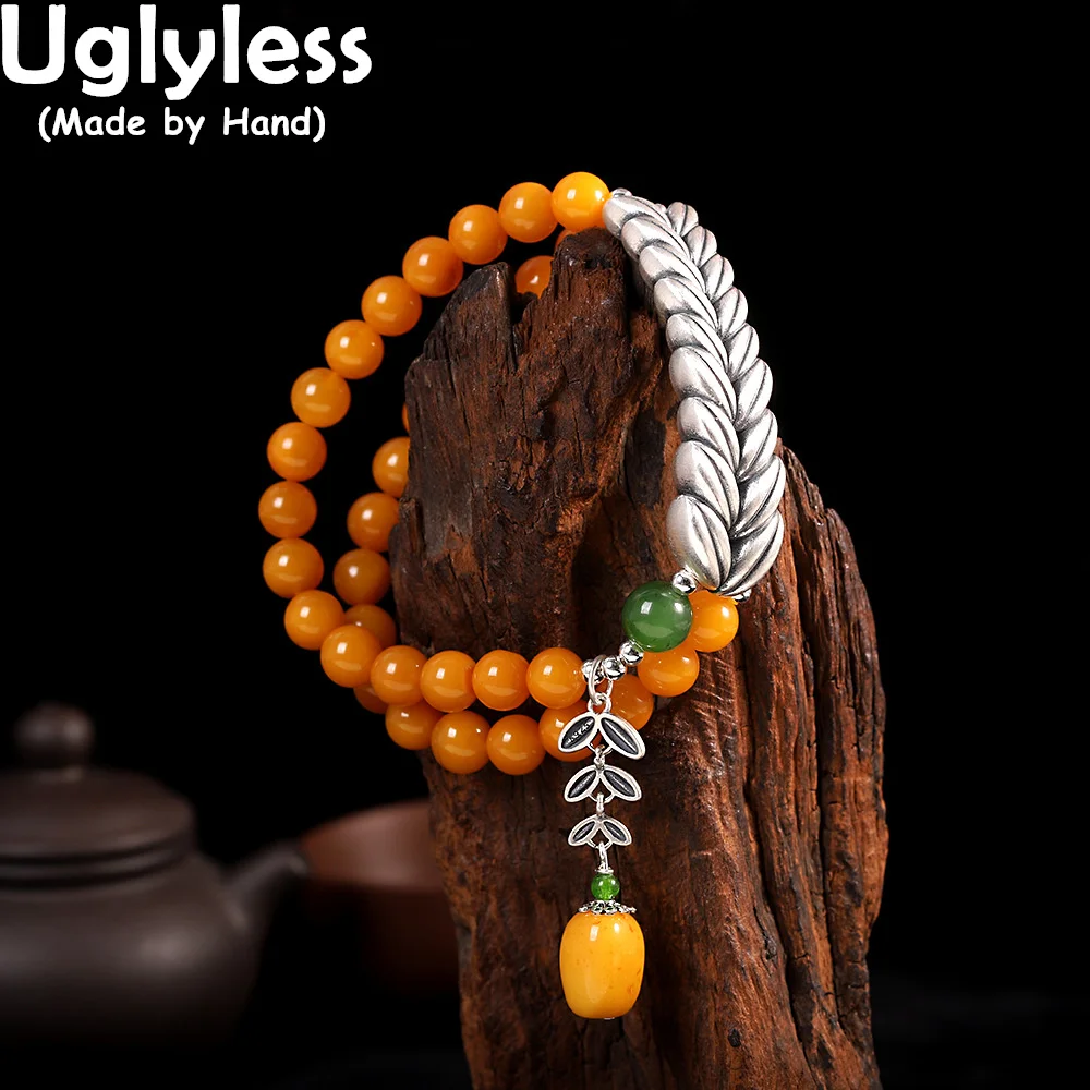 

Uglyless 2 Layers Elastic Rope Thai Silver Wheat Ears Bracelets Women Natural Amber Beeswax Bracelets 925 Silver Lotus Jewelry