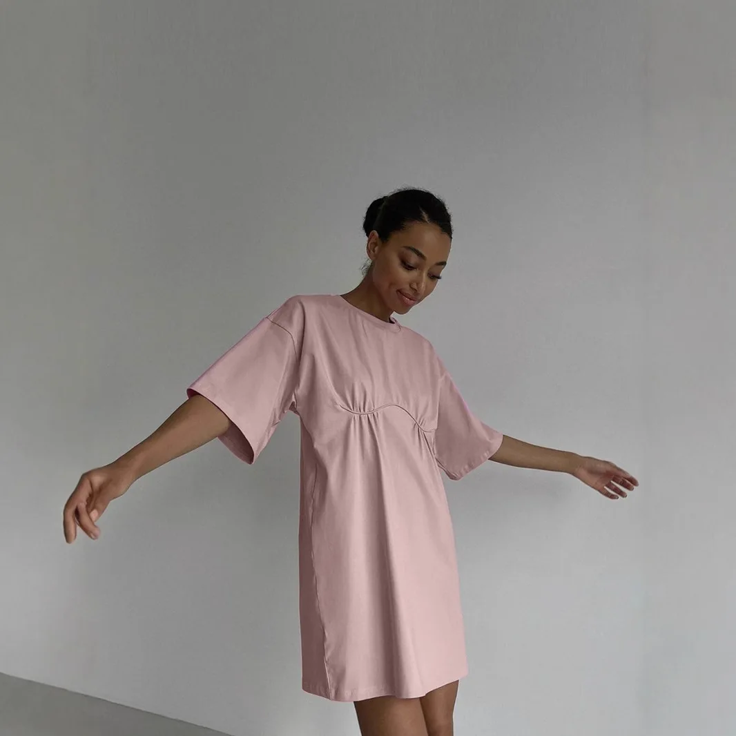 2025, novedad de verano, vestido de algodón puro, estilo informal para mujer, camiseta holgada con cuello redondo, falda en forma de A, ropa para mujer