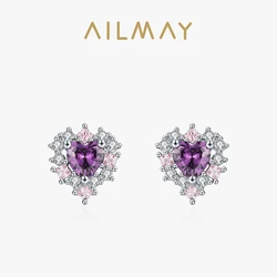 Ailmay 925 Sterling Silver Elegant Romantic Purple Heart-Shaped Stud Earrings For Women Romantic Wedding Jewelry