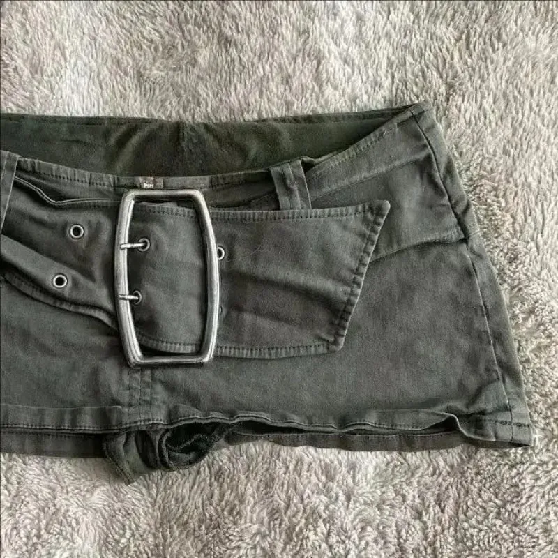 กระโปรงยีนส์สั้นเอวต่ำสีเขียวทหารสไตล์วินเทจ ผู้หญิง Y2K ฮาราจูกุ กอธิค เซ็กซี่ สไตล์สไปซ์เกิร์ล แฟชั่นสตรีทแวร์