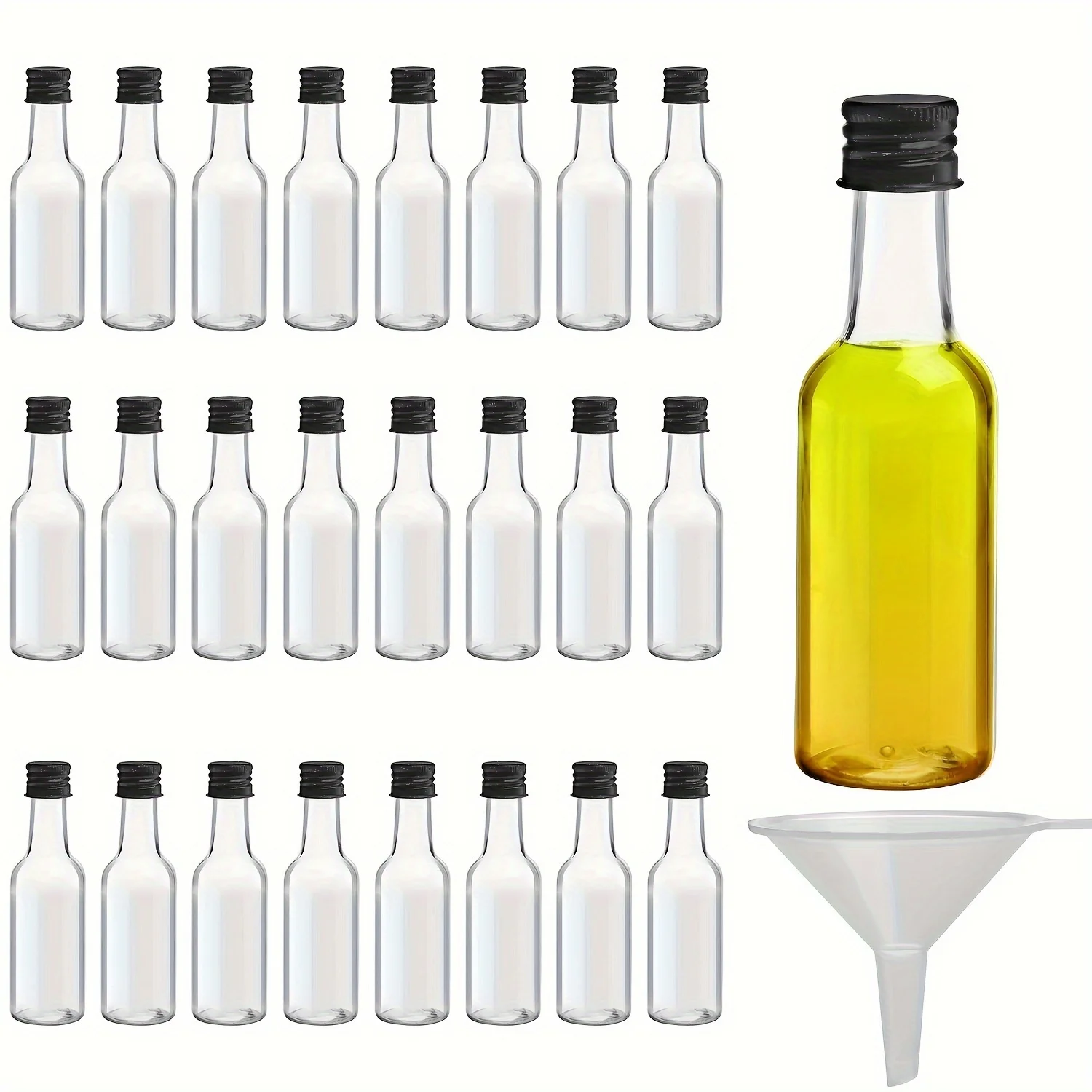 25Pcs Mini Liquor Bottles - Reusable, Shatterproof PPSU Plastic Shot Bottles with Black Caps & Funnel - Ideal for Weddings