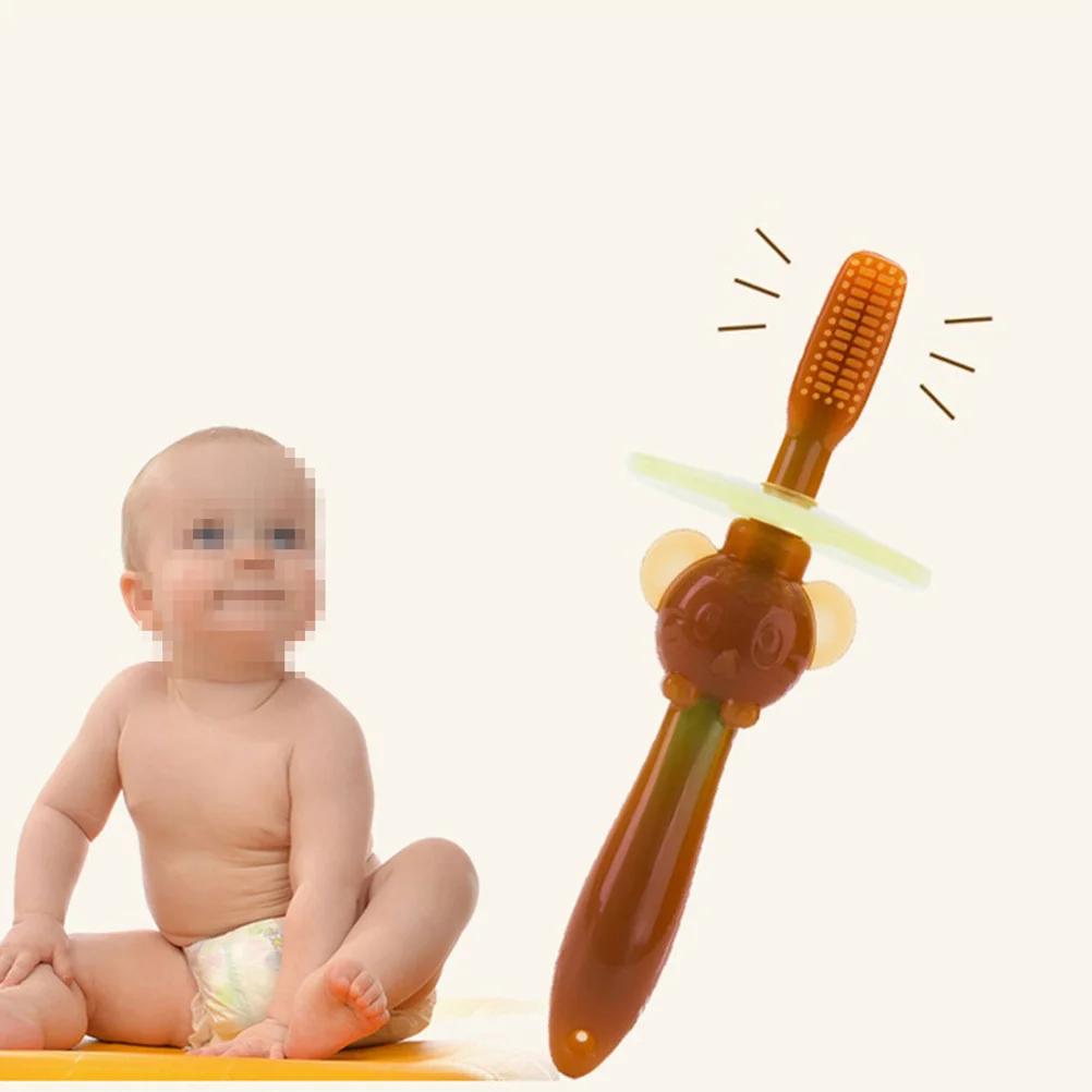 

2 шт., детская тренировочная щетка, прочный материал, удобная ручка, мультяшный дизайн для малышей, светло-коричневая, темно-коричневая, детская зубная щетка