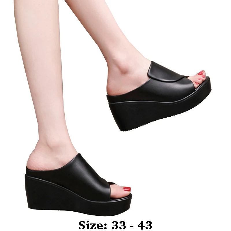 

High quality leather wedge sandals for women 6cm mid heel new 2025 summer 33 34 platform open toe elegant fashion shoe white red