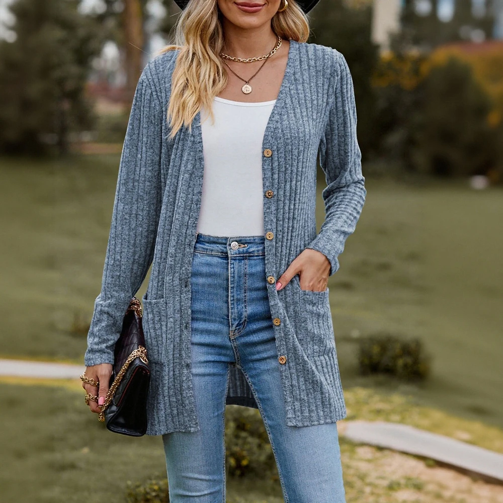 

Женские кардиганы с длинным рукавом и v-образным вырезом, элегантный однотонный повседневный трикотаж на пуговицах, осень-зима, открытый спереди