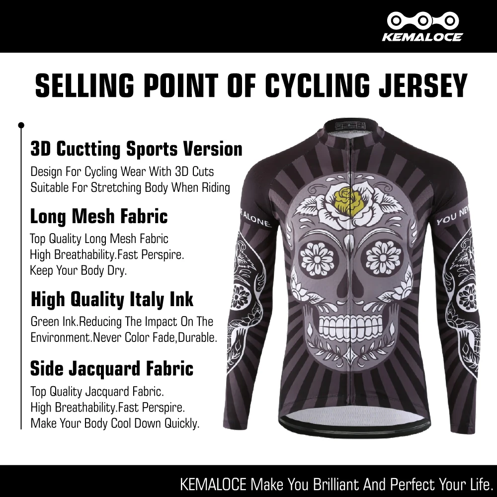 KEMALOCE Bike Jersey Long Sleeves Suits Summer&Autumn Skull Long Cycling Shirts Yellow&Black Road Breathable Men Bicycle Jersey