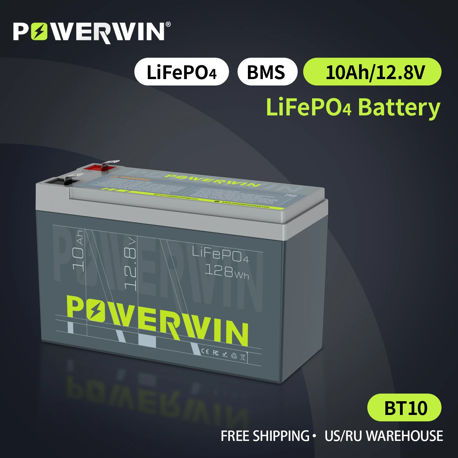 

POWERWIN BT10 12V 10Ah LiFePO4 Battery 4000+ Deep Cycle Solar Rechargeable Electric Toy RV Camera Built-in BMS off-grid