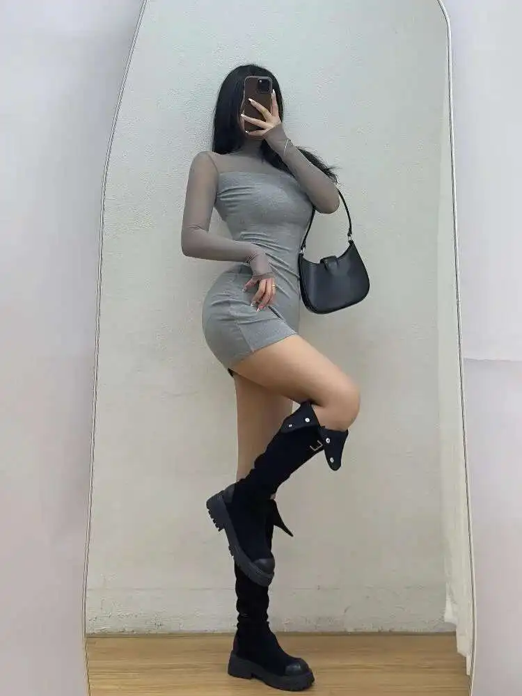 WOMENGAGA Half Hoge Hals Lange Mouw Mesh Slanke Wrap Hip Jurk Elegante Korte Mesh Kant Sheer Sexy Koreaanse Vrouwen Tops 29T2