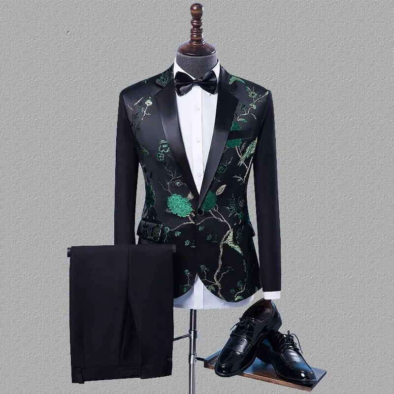 

Fashion Green Floral Men Suits 2 Pieces Slim Fit Men Suits Wedding Groom Tuxedos Prom Party Suit Men Best Man Blazer Jacket Pant