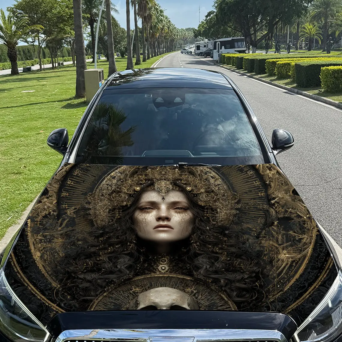 Vintage Gold - Patterned Female Figure and Skull Car Vinyl Wrap, PVC Material Waterproof Car Hood Sticker, Self-Adhesive Scratch