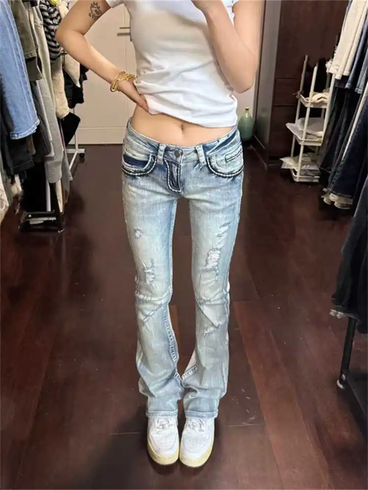 Women Slim Vintage Gyaru Flare Pants Trashy Y2k Harajuku Low Rise Bell-Bottom Ripped Long Trousers Korean Fashion Japanese New
