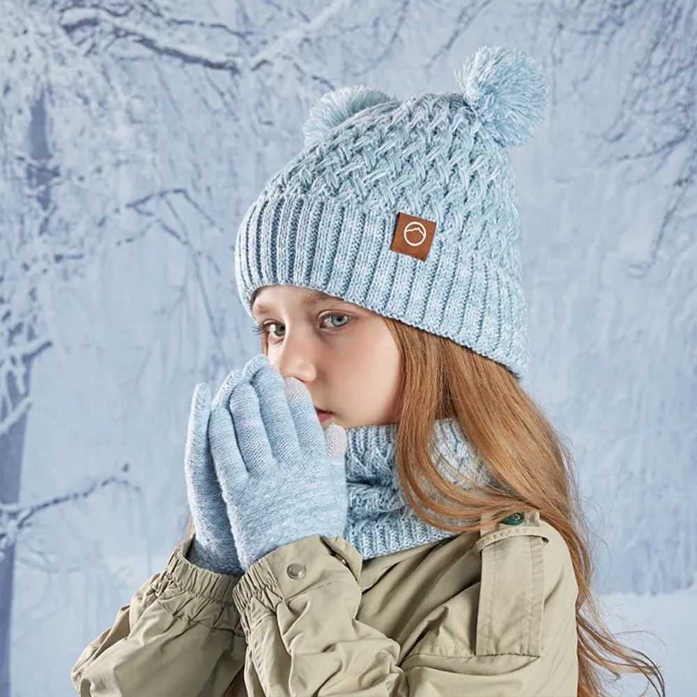 Casual Winter Hat Gloves Scarf Set Warm Knit Neck Warmer Thickened Children Fleece Lined Set