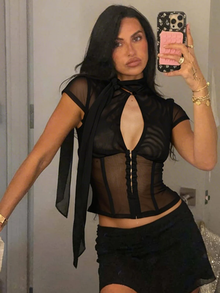 Weird Puss Hollow Single-Breasted T-Shirt Women Wild Trend Mesh Patchwork Bandages Short Sleeve Fashion Party Club Streetwear