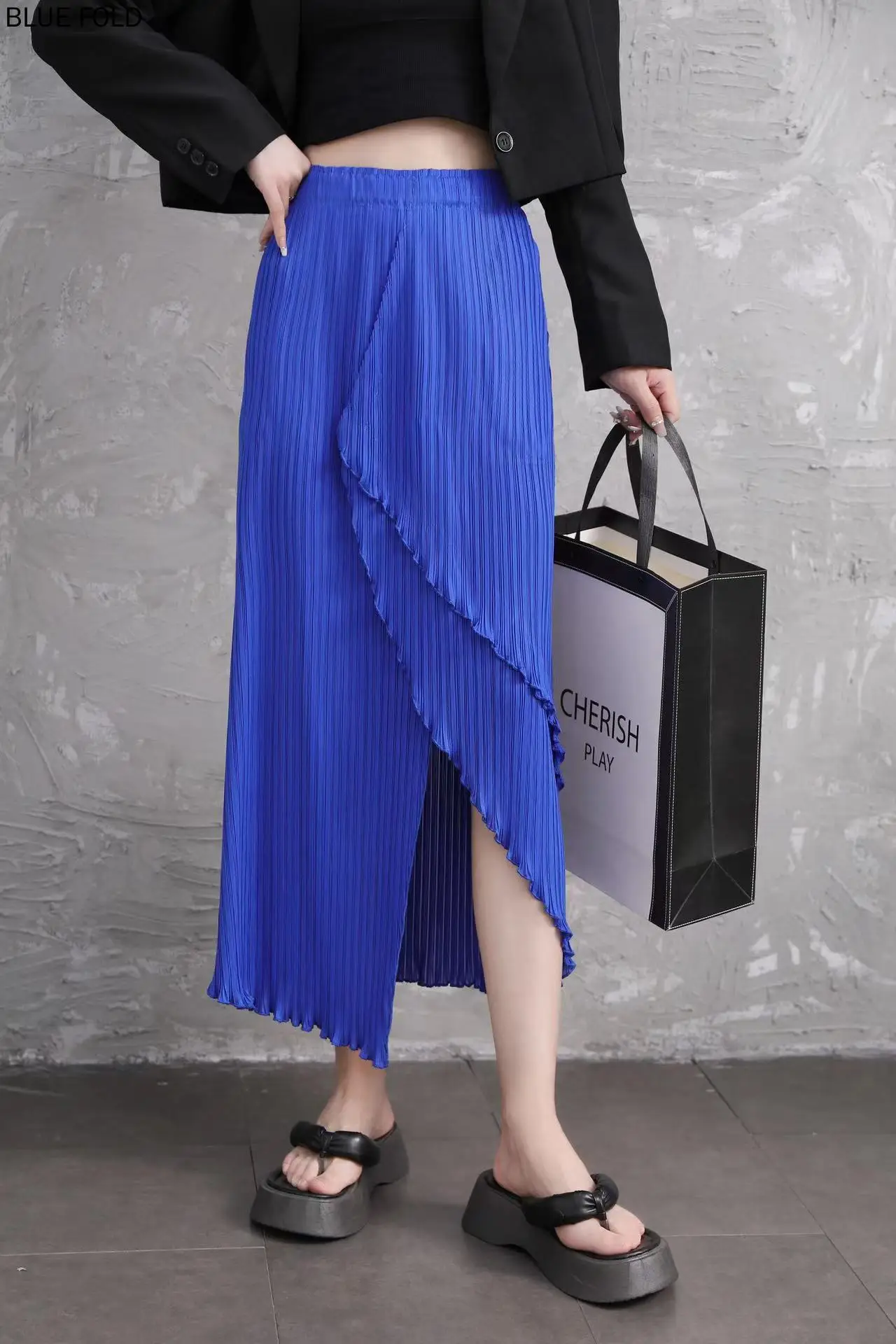 

MIYAKE PLEATS-Women's Irregular Slit Skirt, Korean Fashion, Elegant Clothing, Summer, New