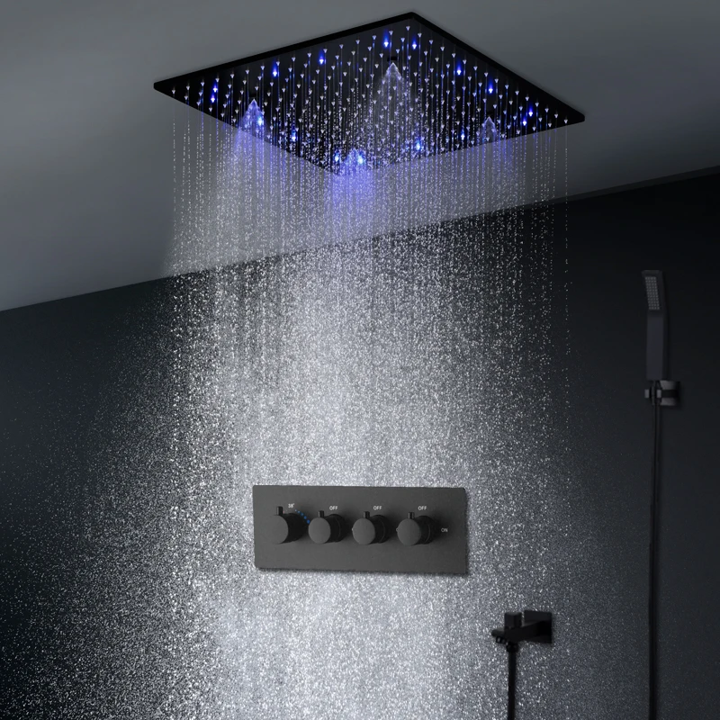 

LED Shower Set Thermostatic 3 Functions Faucets Ceiling RAIN Mist Shower Panel Head Black surface