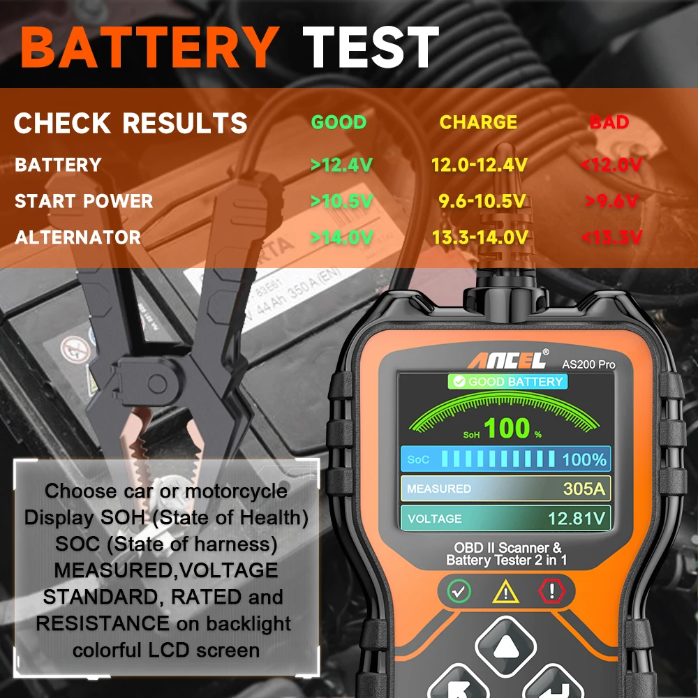 ANCEL AS200 PRO OBD2 Automotive scanner2 in 1 Engine Check OBD2 Code Reader +24V 12V Car Battery Tester Car Diagnostic Tools