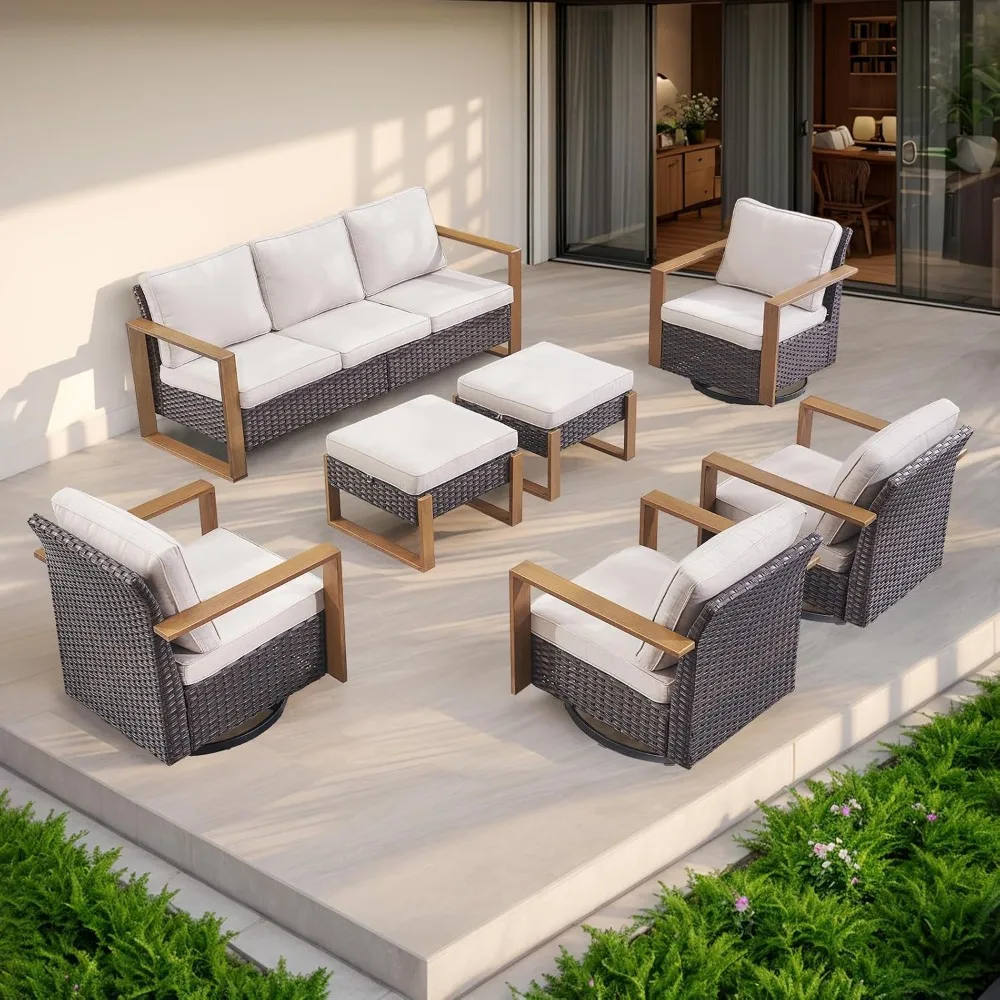 

Outdoor Rattan Patio Furniture Set, 7-piece Patio Relaxation Set Including Swivel Rocking Chair, Footstool and Sofa