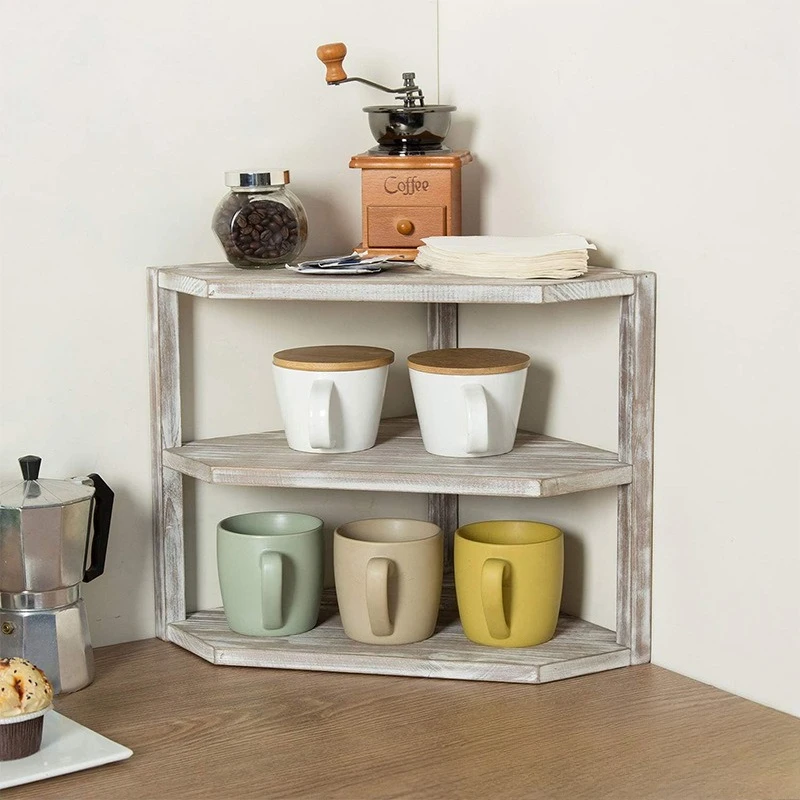 Rustic white washed brown wood kitchen counter top corner storage rack wall corner storage rack room corner countertop storage