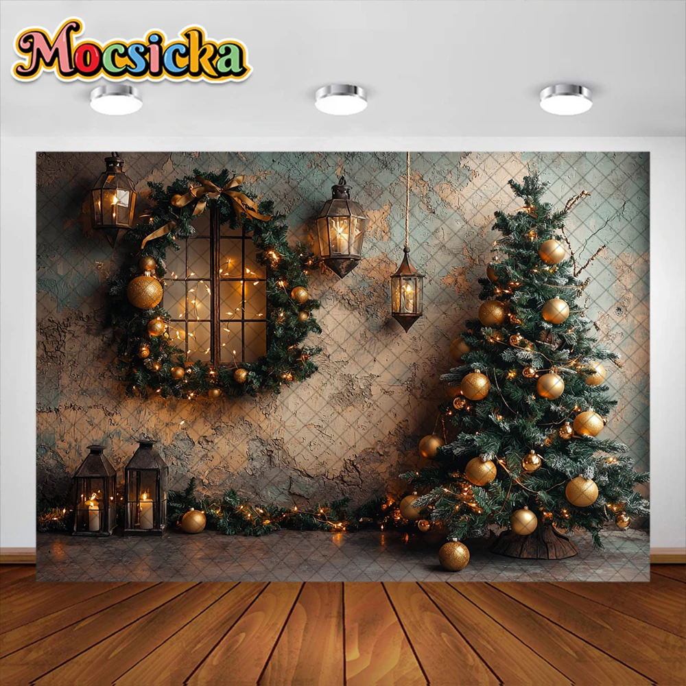 Properti Studio latar belakang fotografi Natal, karangan bunga Natal emas, dekorasi malam, properti Studio foto potret liburan untuk anak-anak