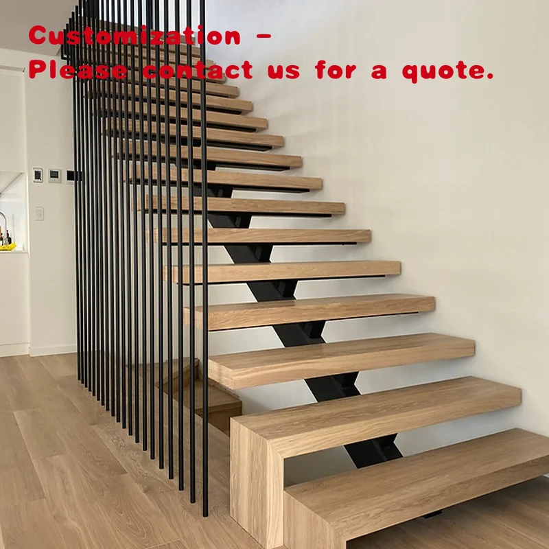 custom.Modern Design Indoor Metal Stairs with Rod Railing Straight Wooden Staircase Bathroom Basement Hotel Application